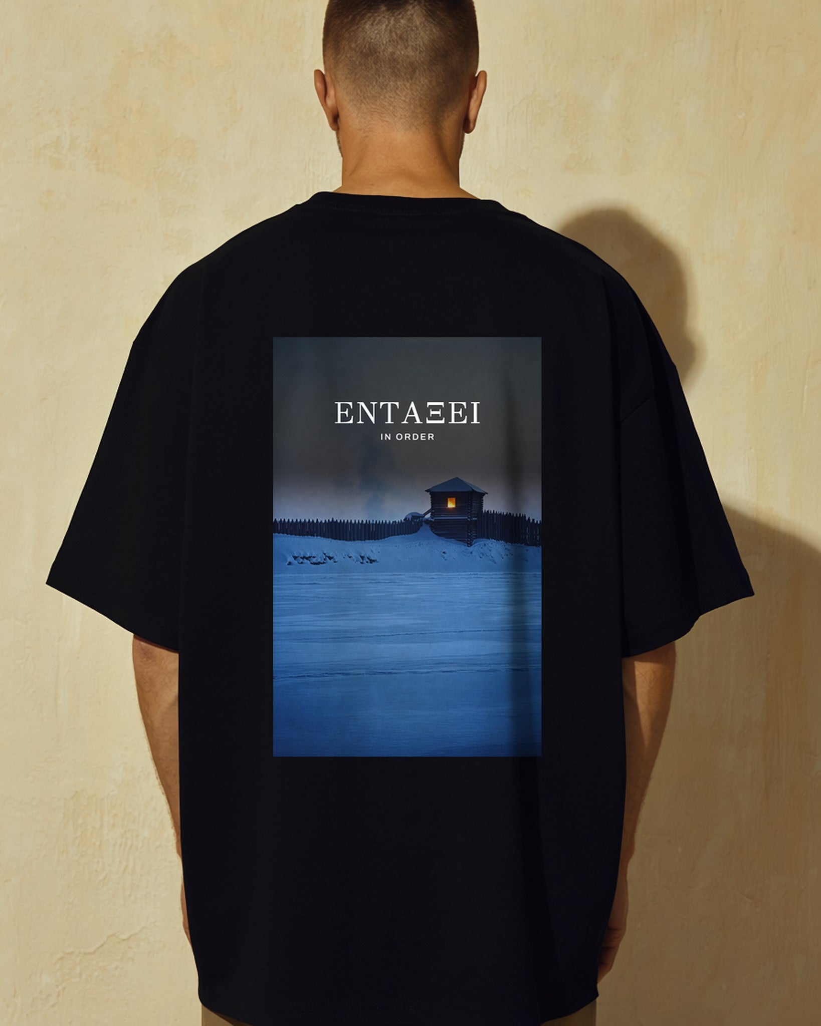 Model seen from behind wearing the black Carnuntum Tee, blue winter Danube scene printed across the back