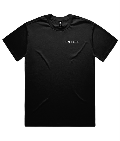 Black Carnuntum Tee shown flat on white, front: a small ΕΝΤΑΞΕΙ wordmark at the left chest, no other print.