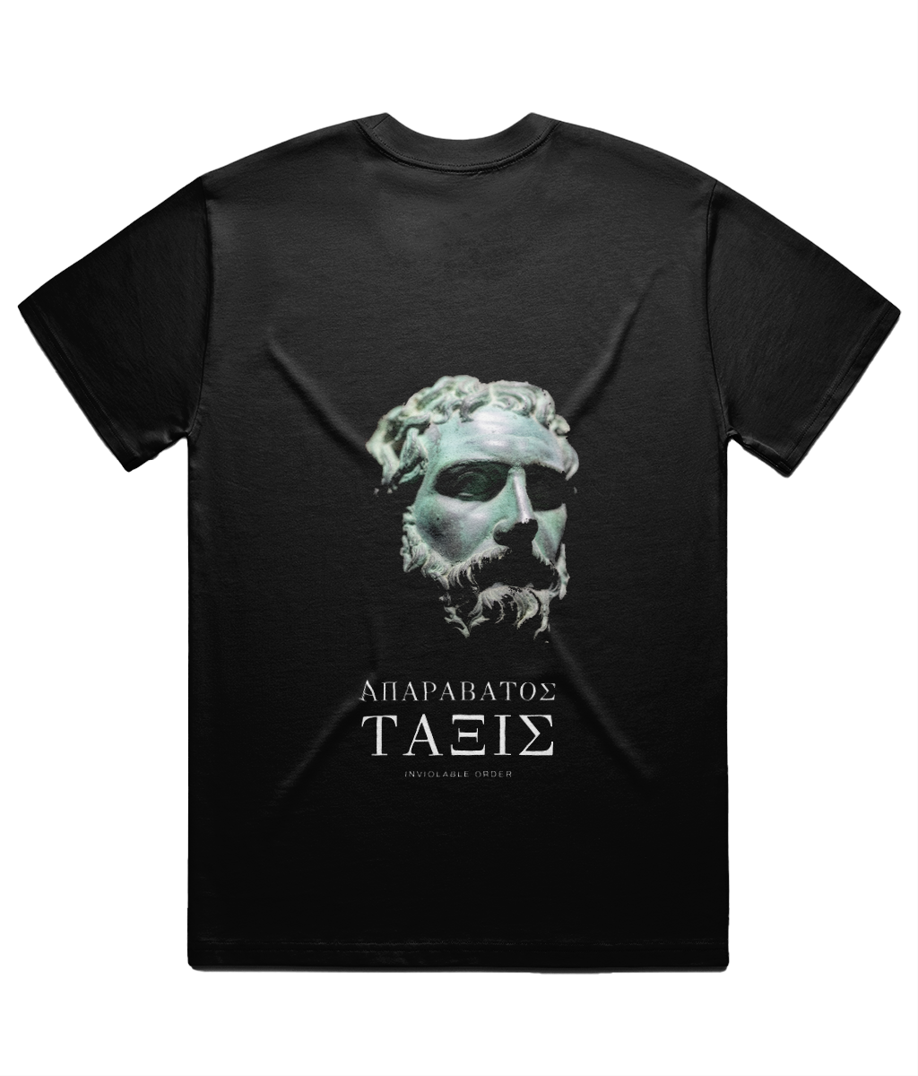 Black Salvage Tee shown flat on white from the back, full back print: a verdigris bronze head recovered from the sea, with ΑΠΑΡΑΒΑΤΟΣ ΤΑΞΙΣ in Didot beneath and INVIOLABLE ORDER below.